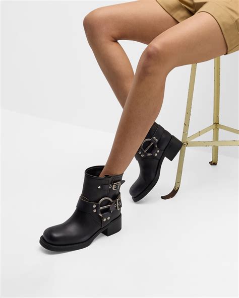 Miu Miu Leather Harness Buckle Biker Ankle Boots